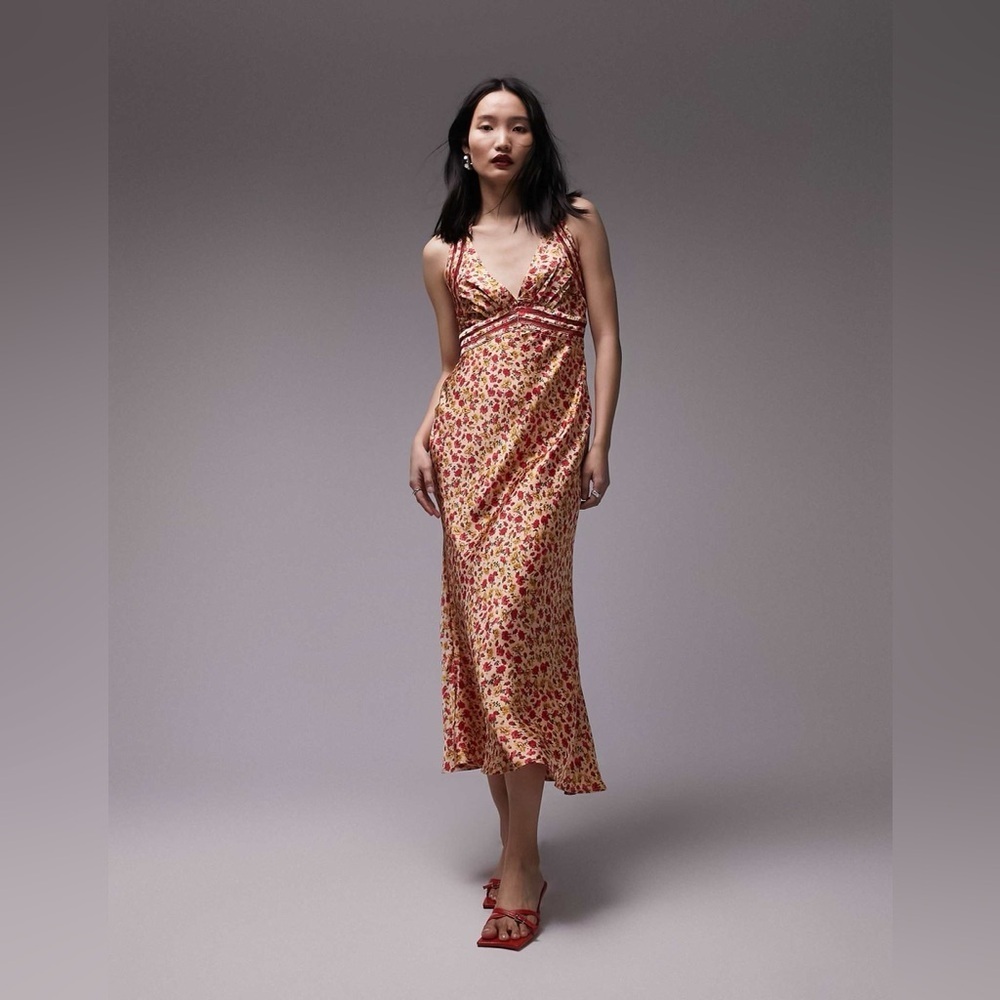 Topshop satin slip dress with lace insert in orange print B1411